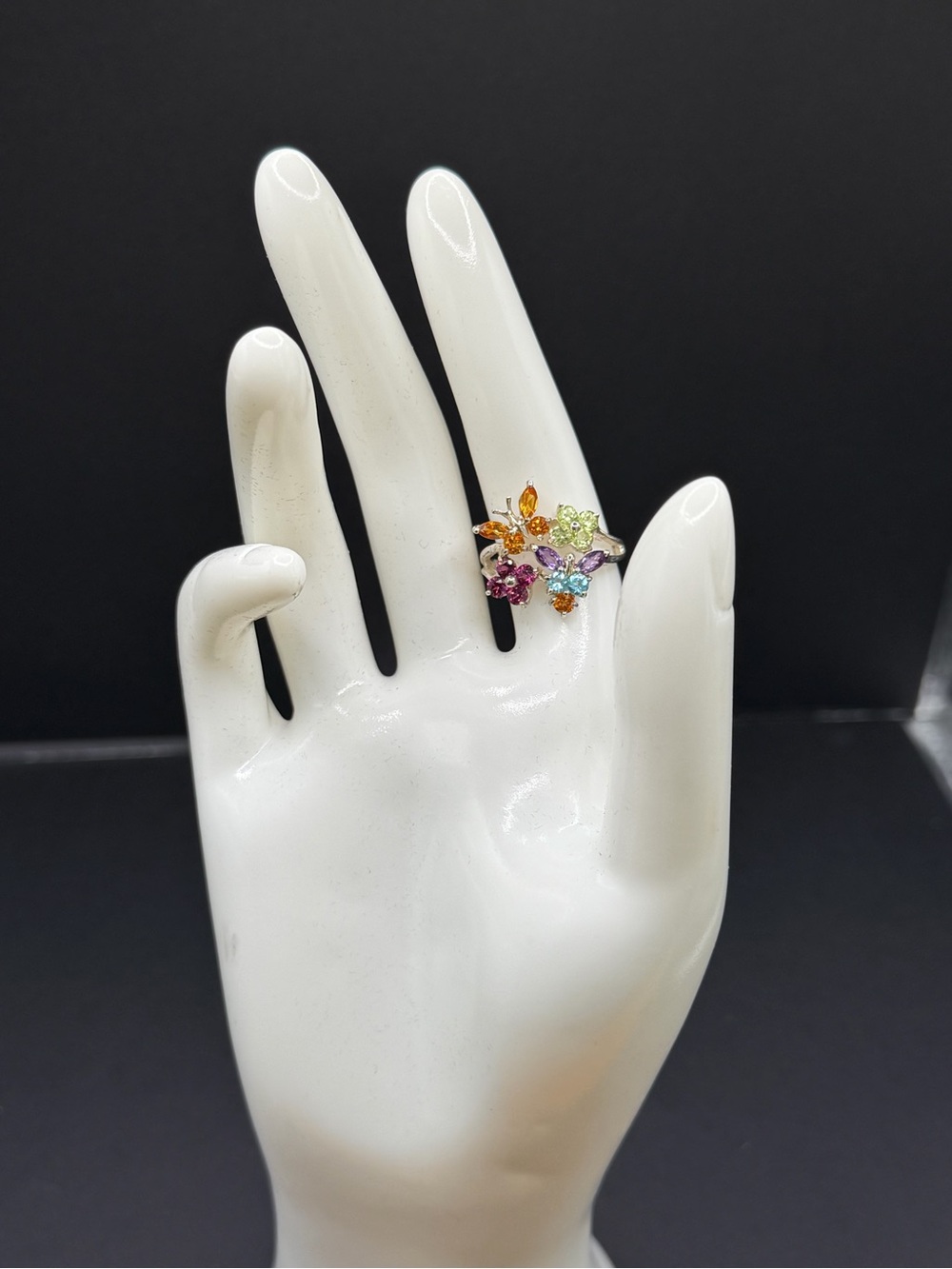 Nicole Miller Sterling Silver Multi Gem Stone Butterfly and Floral Cluster Ring